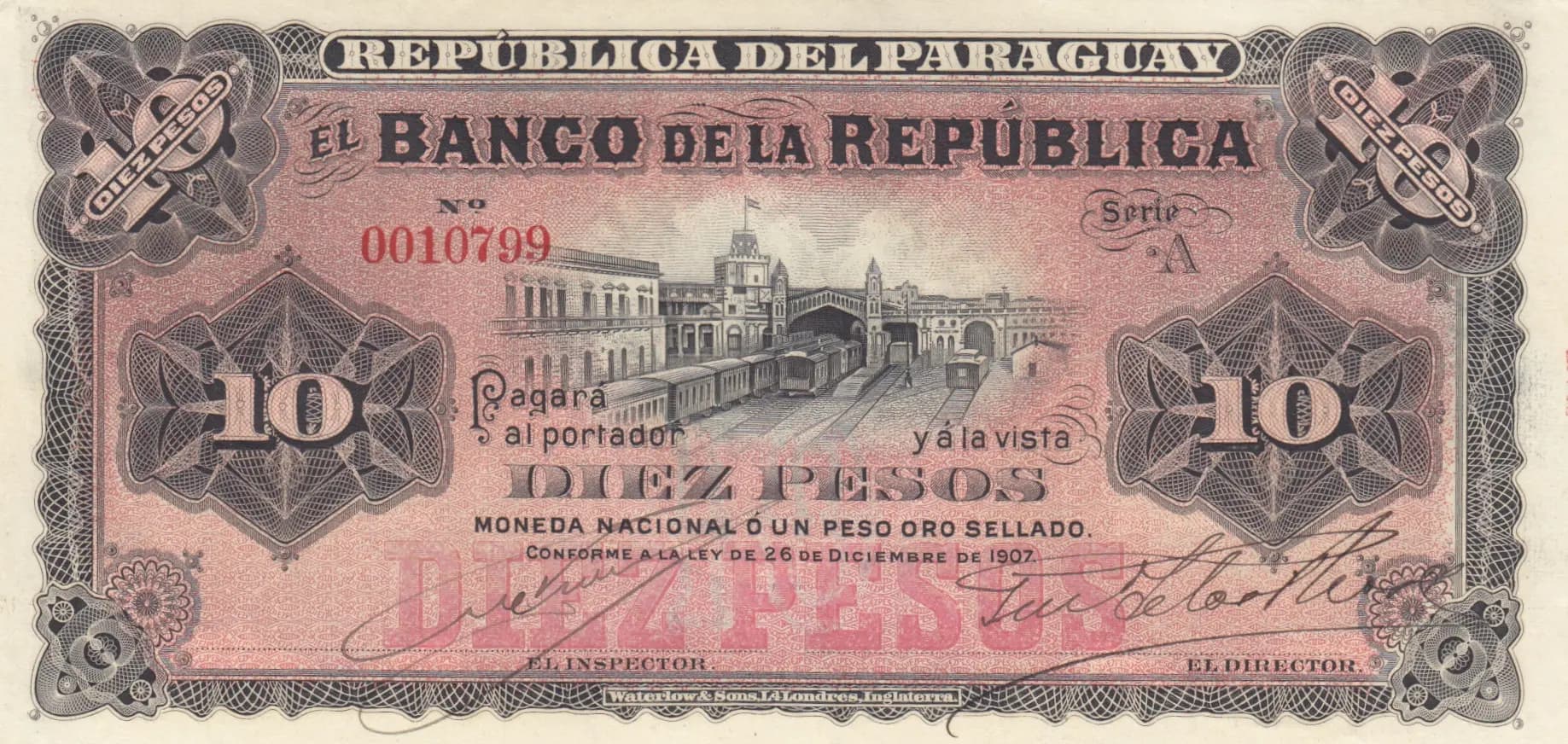 10 pesos 1907 from Paraguay, P-157 (1907) — image 1