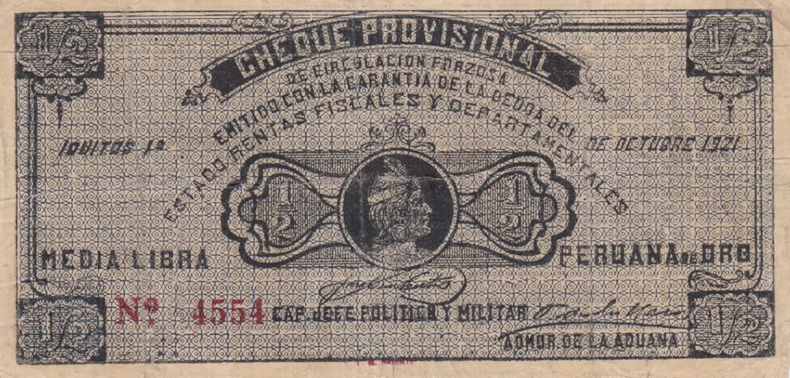 1/2 sol 1921 from Peru, P-unlisted (1921) — image 1