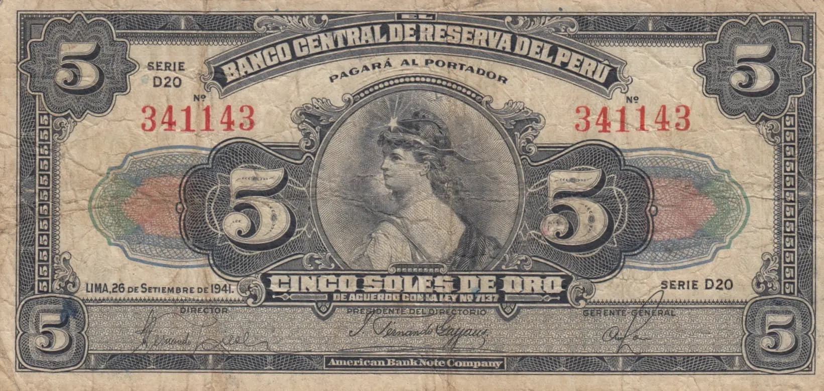 5 soles 1941 from Peru, P-66A
