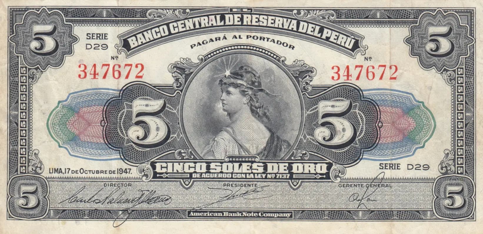 5 soles 1947 from Peru, P-66A (1947) — image 1
