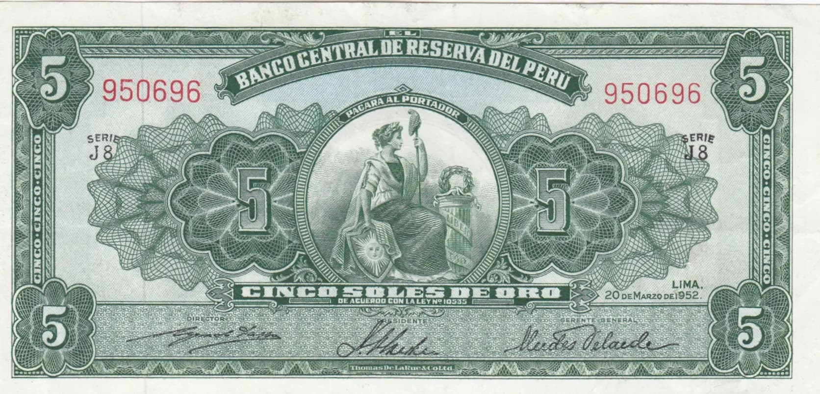 5 soles 1952 from Peru, P-70a