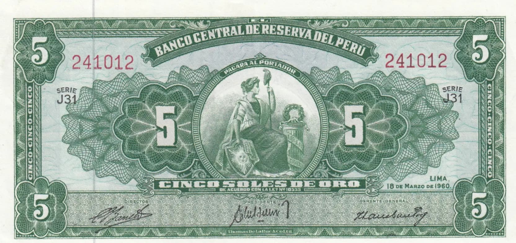 5 soles 1960 from Peru, P-76 (1960) — image 1