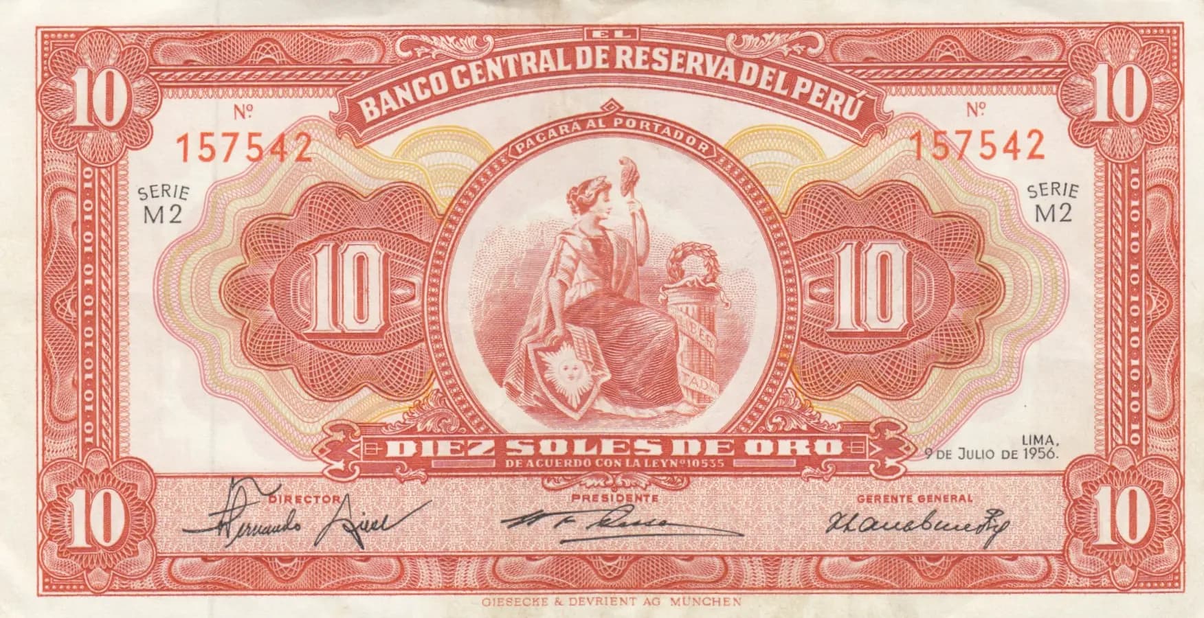10 soles 1956 from Peru, P-77 (1956) — image 1