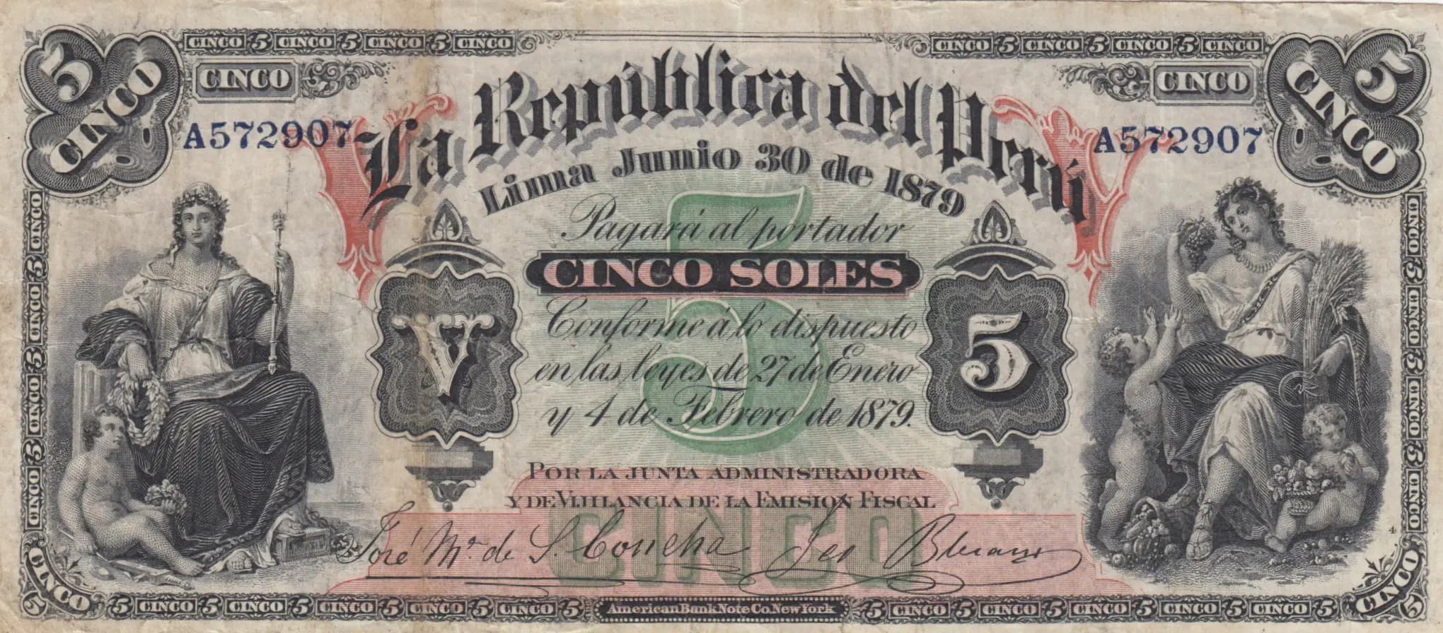 5 soles 1879 from Peru, P-3