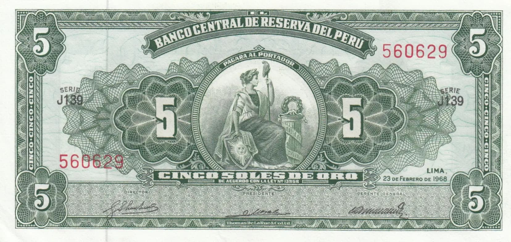 5 soles 1968 from Peru, P-83 (1968) — image 1