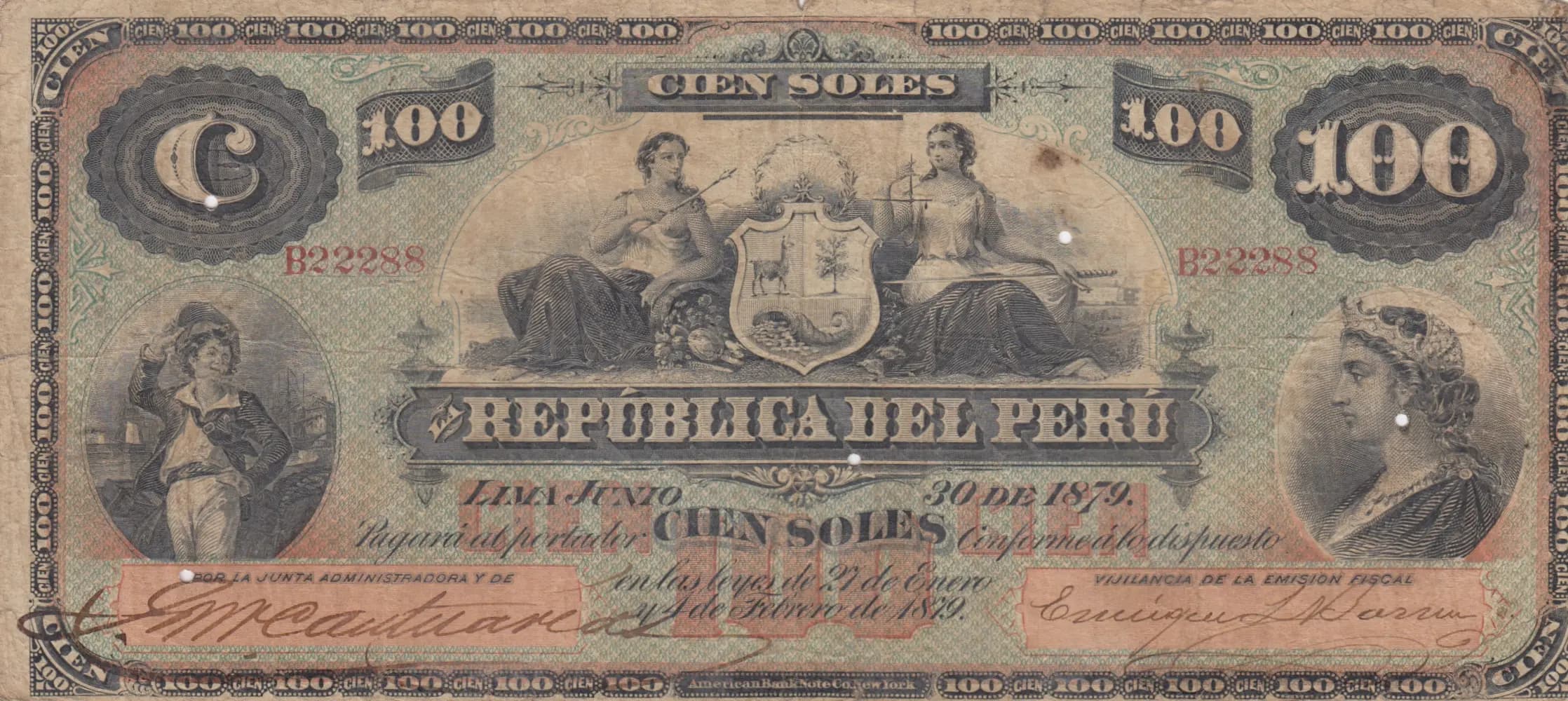 100 soles 1879 from Peru, P-9 (1879) — image 1