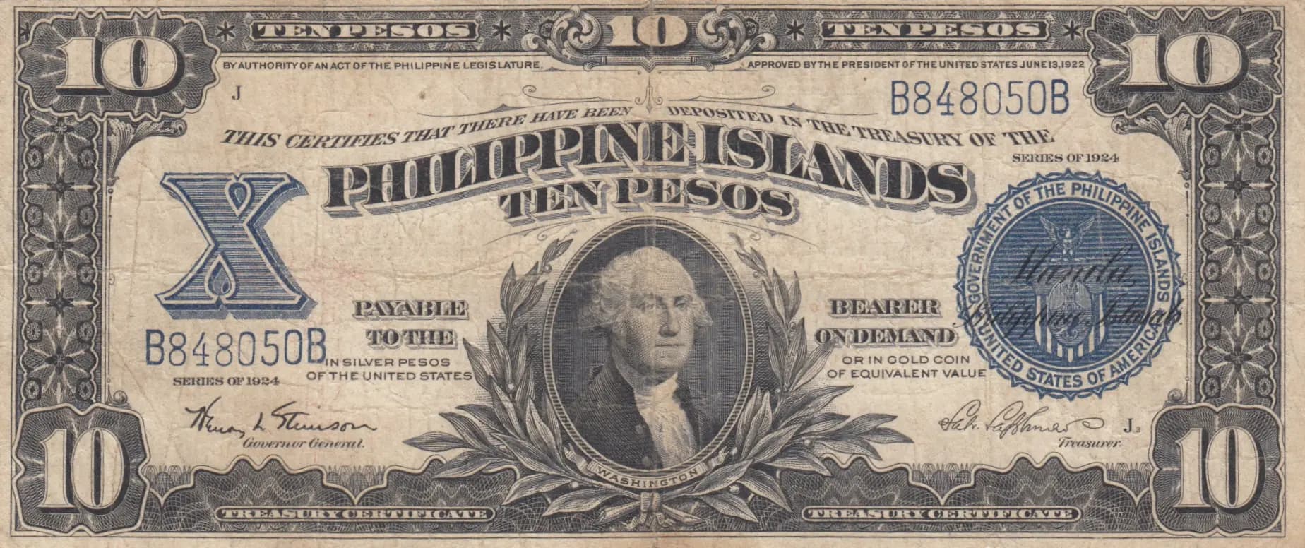 10 pesos 1924 from Philippines, P-71 (1924) — image 1