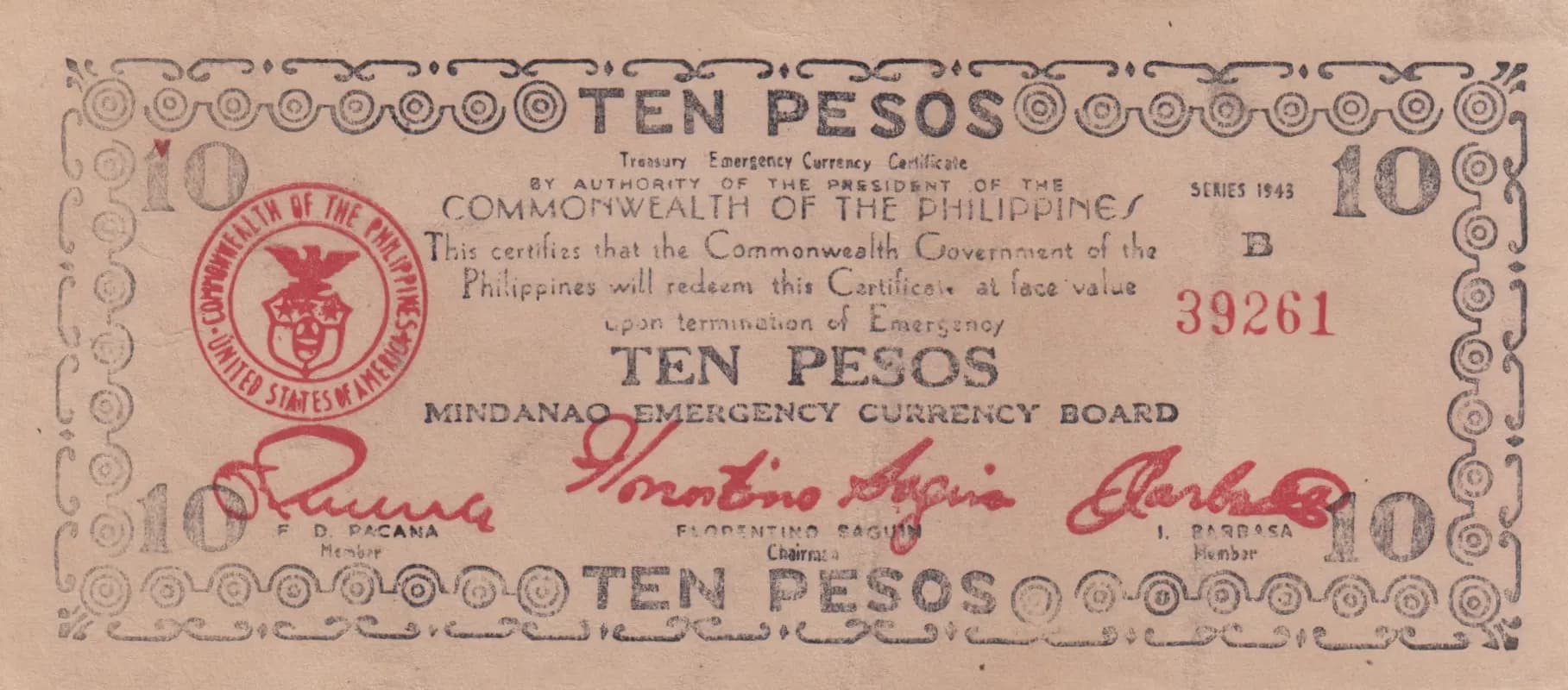 10 pesos 1943 from Philippines, P-S488 (1943) — image 1