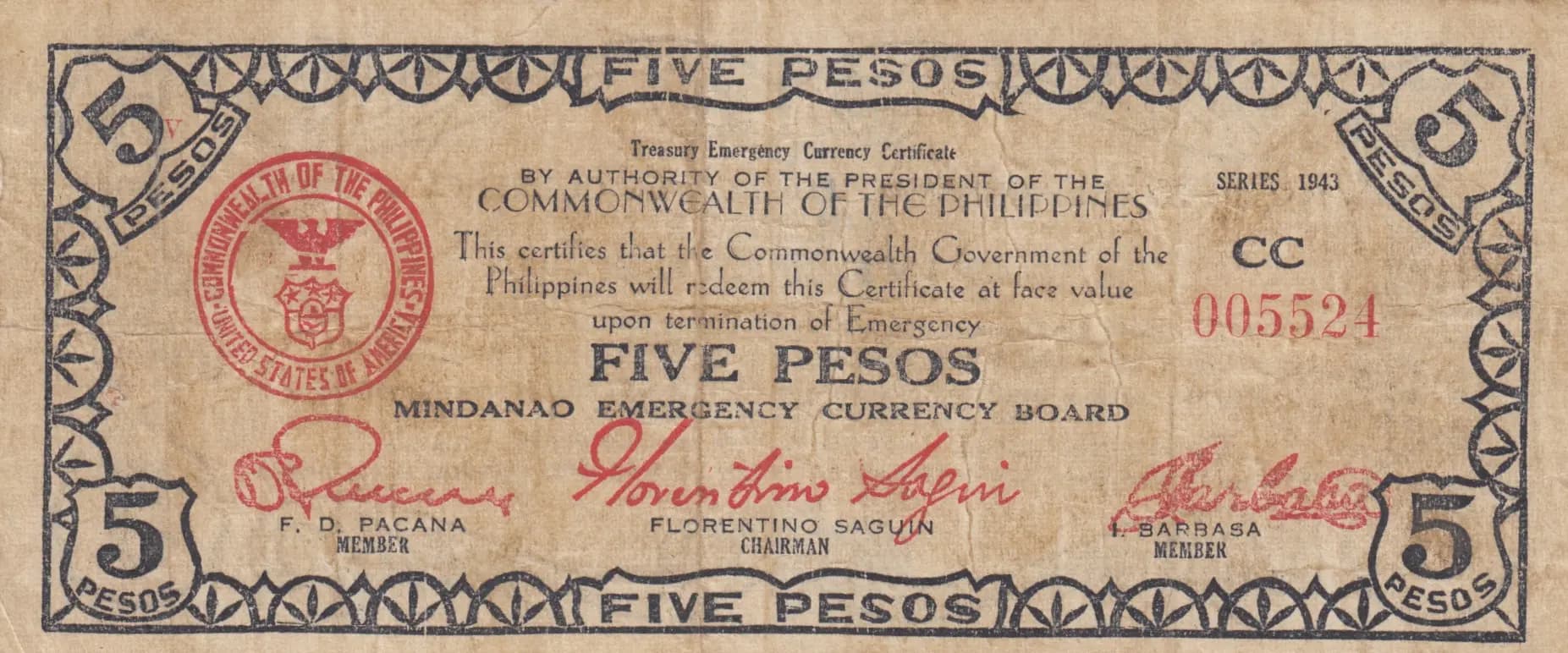 5 pesos 1943 from Philippines, P-S497