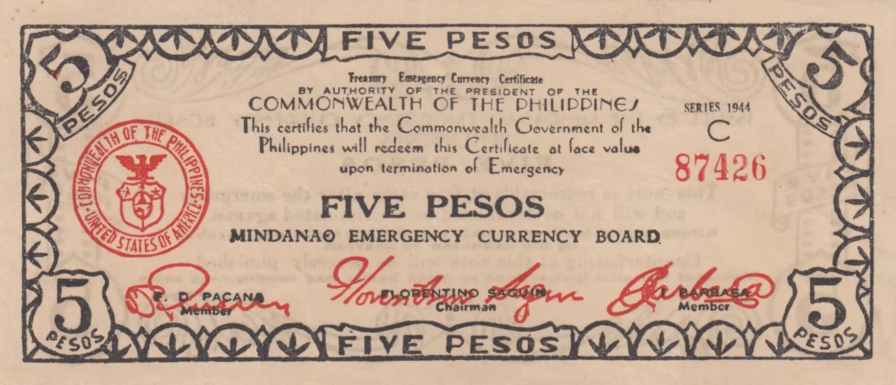 5 pesos 1944 from Philippines, P-S517a