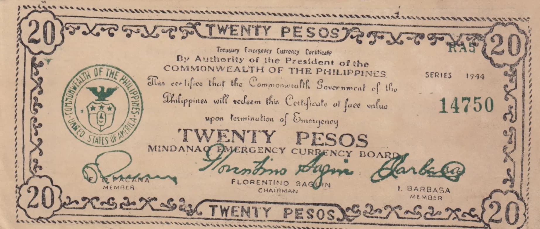 20 pesos 1944 from Philippines, P-S528a