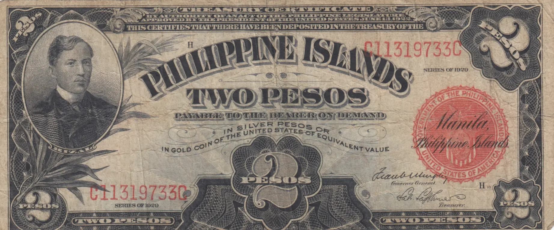 2 pesos 1929 from Philippines, P-74b (1929) — image 1