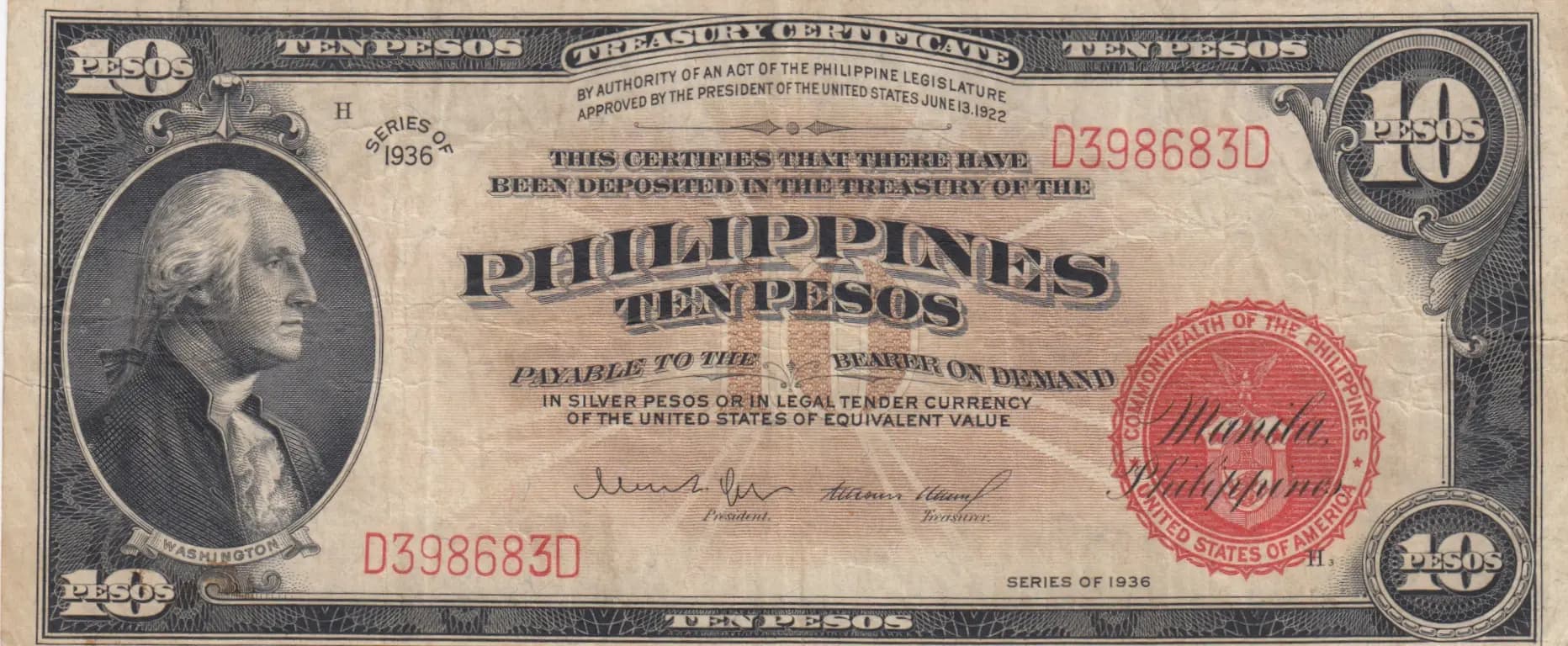 10 pesos 1936 from Philippines, P-84 (1936) — image 1
