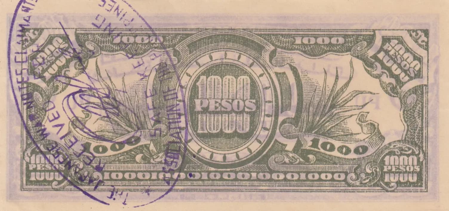1000 pesos 1945 with stamp from Philippines, P-115d (1945) — image 2