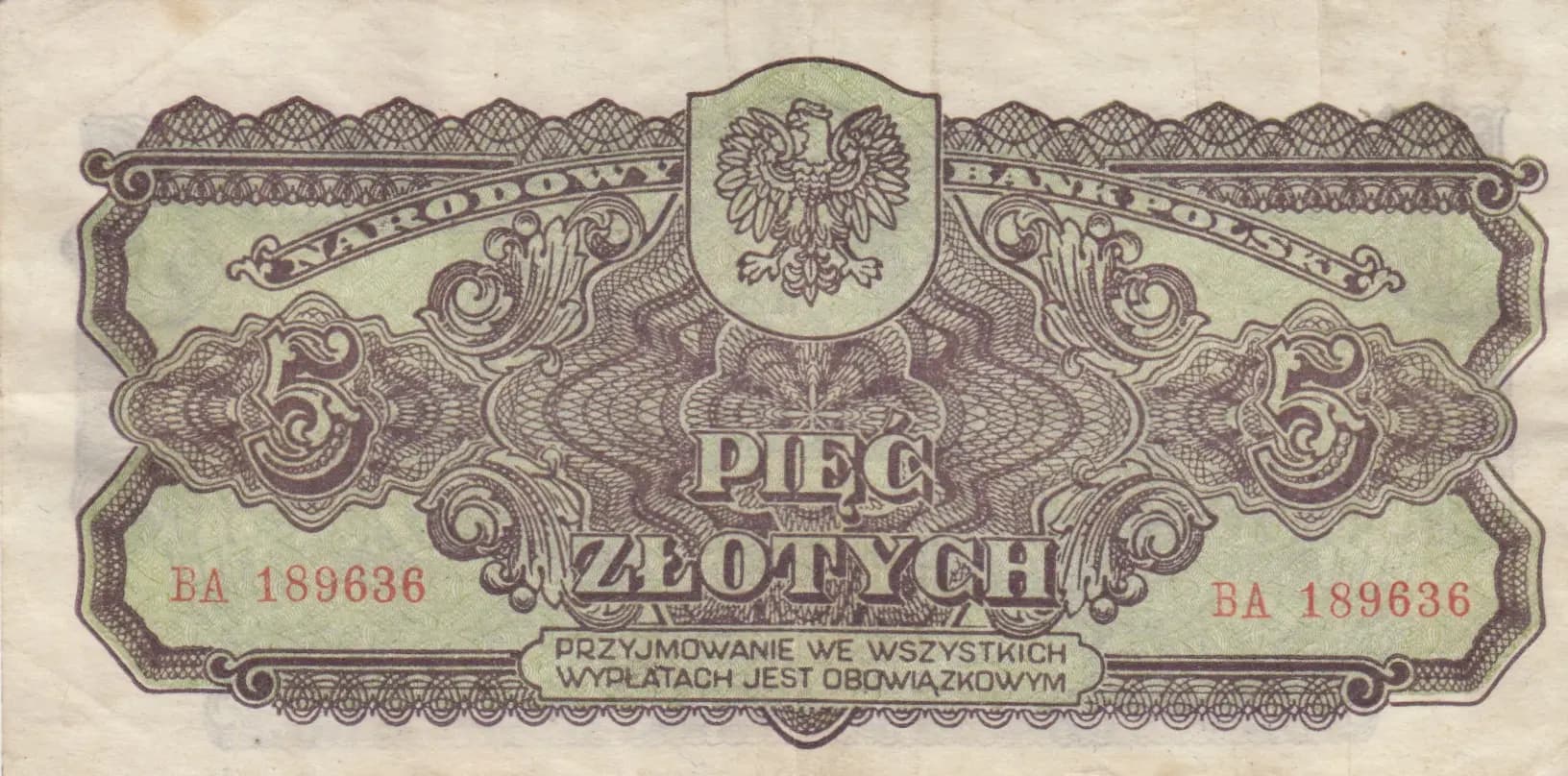 5 zlotych 1944 from Poland, P-108 (1944) — image 1
