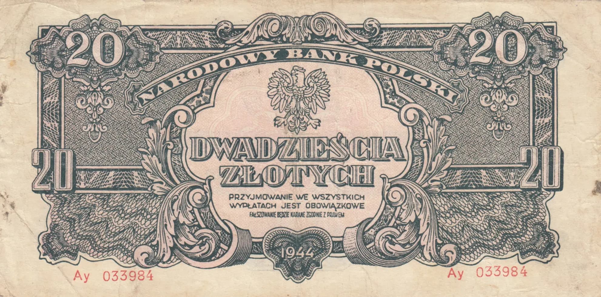 20 zlotych 1944 from Poland, P-113a (1944) — image 1