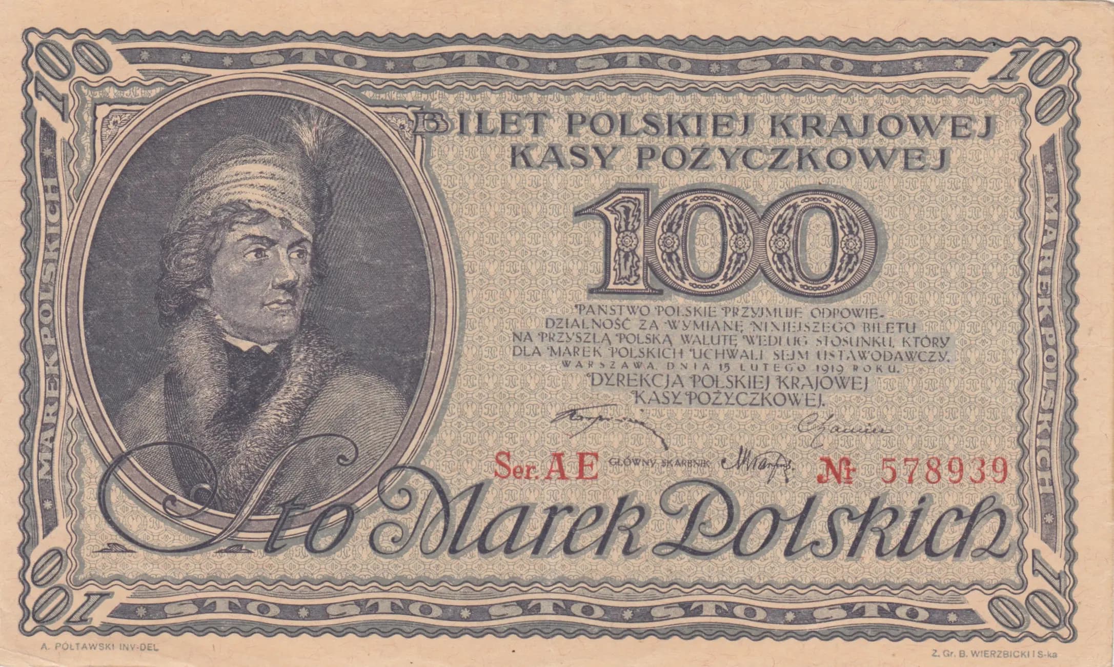 100 marek 1919 from Poland, P-17a