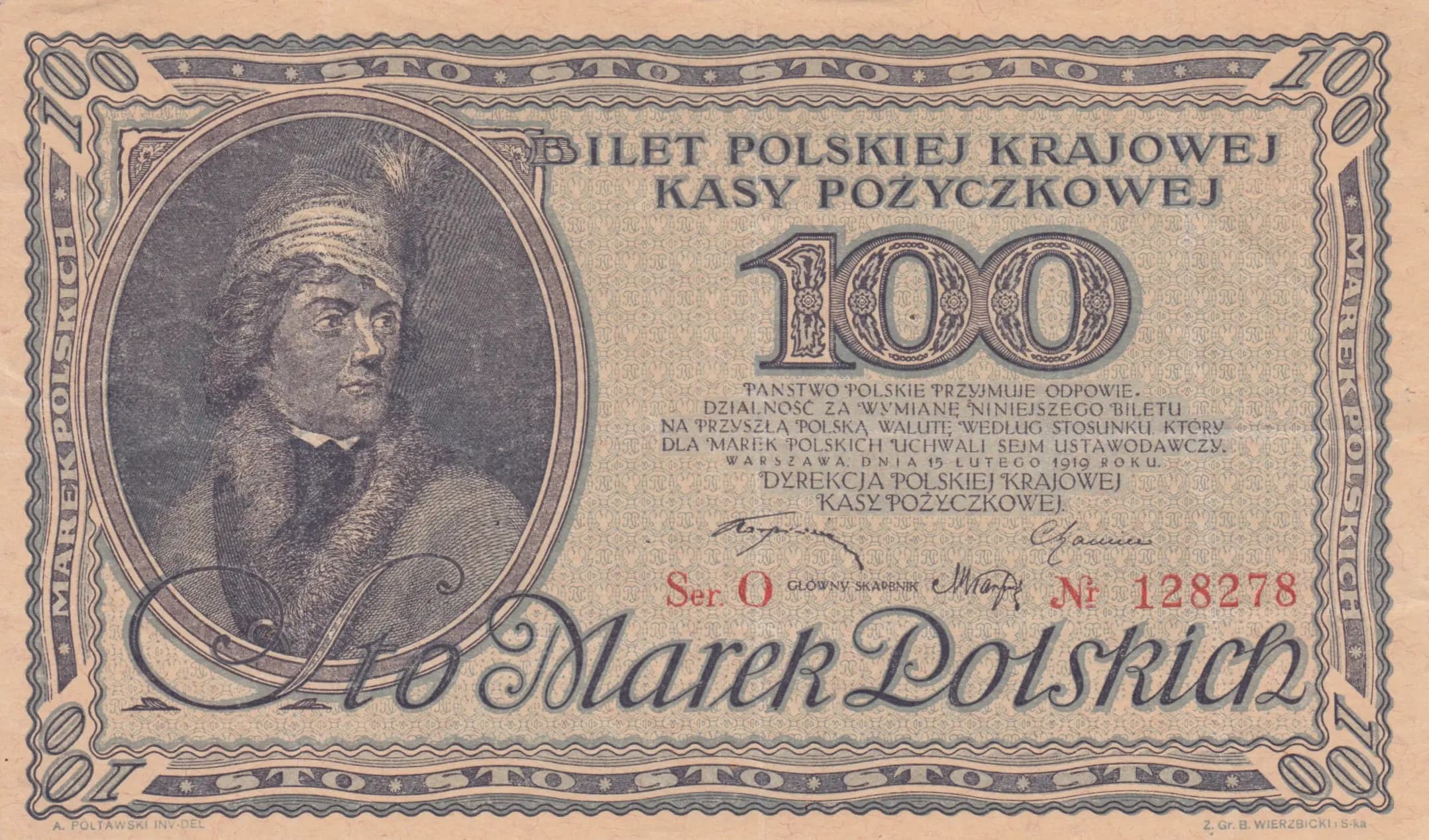 100 marek 1919 from Poland, P-17a