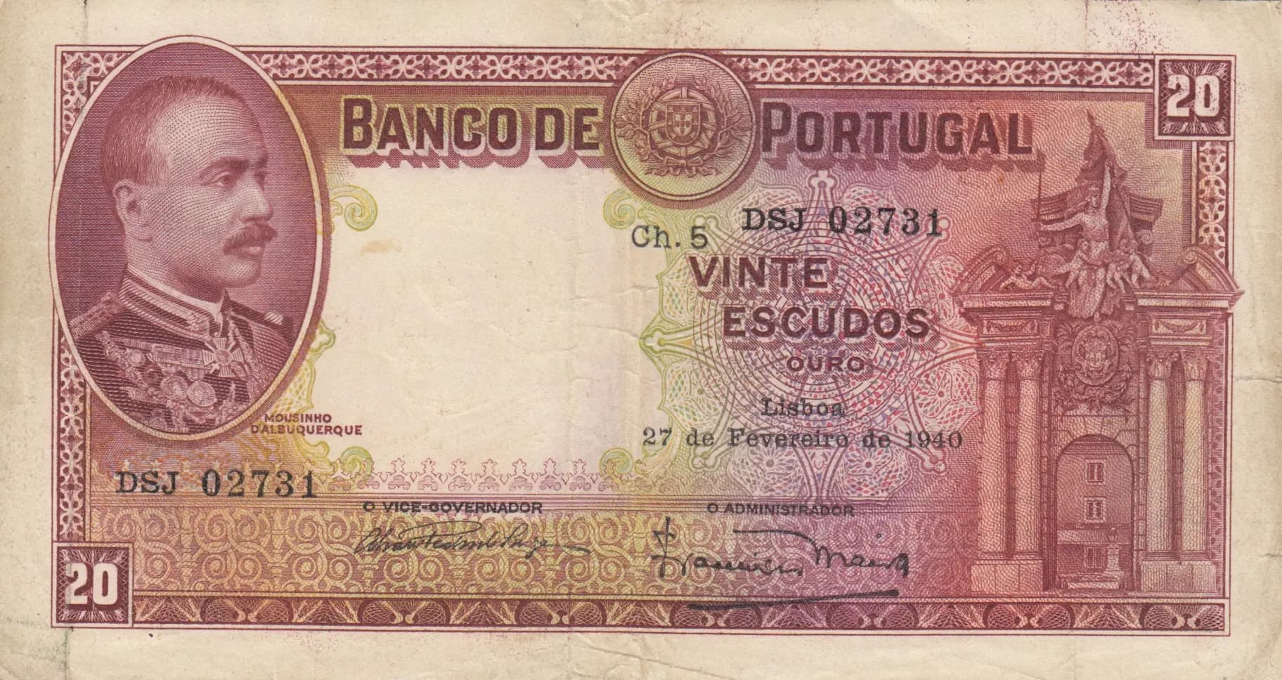 20 escudos 1940 from Portugal, P-143 (1940) — image 1