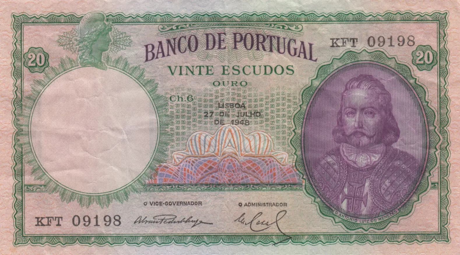 20 escudos 1948 from Portugal, P-153a