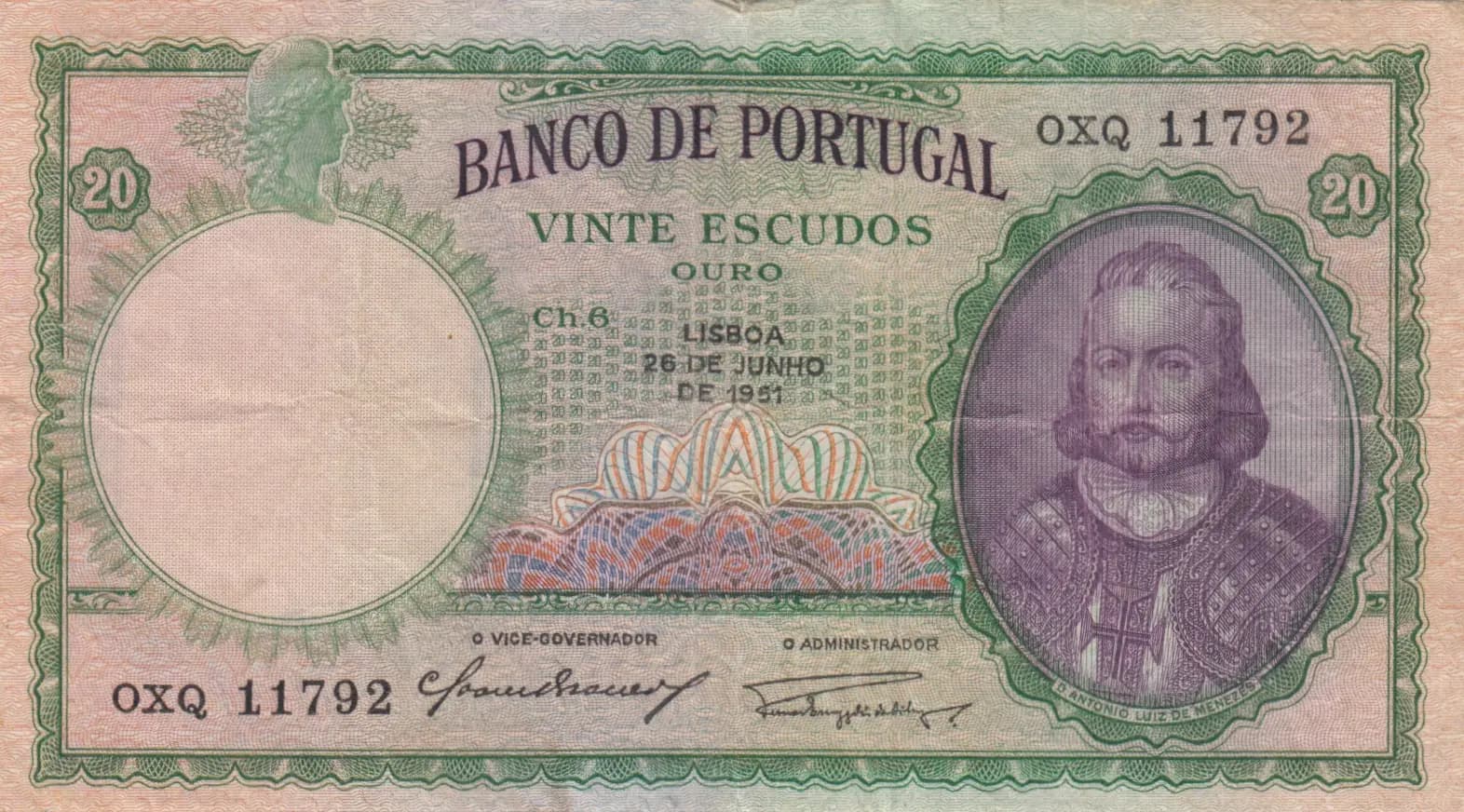 20 escudos 1951 from Portugal, P-153a