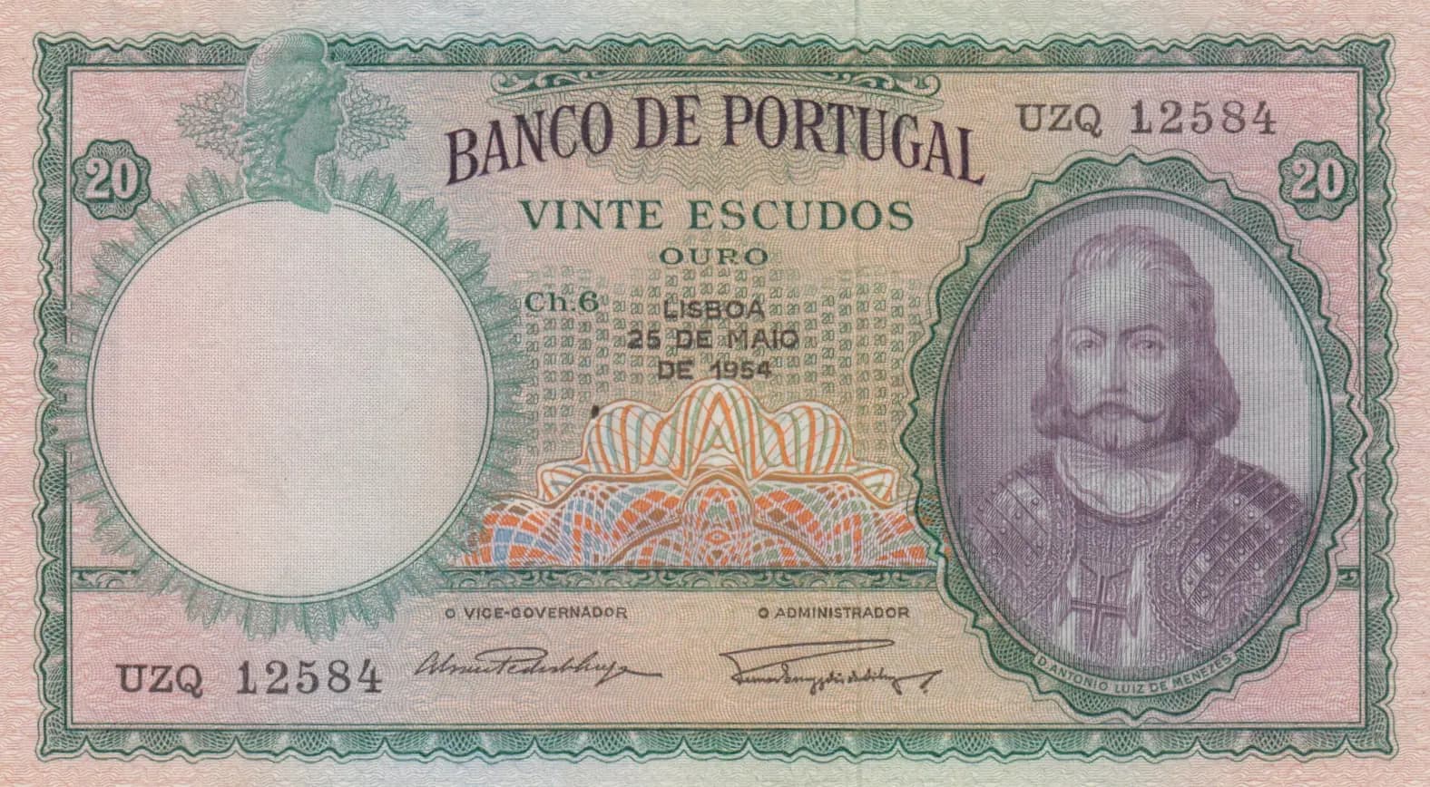 20 escudos 1954 from Portugal, P-153a
