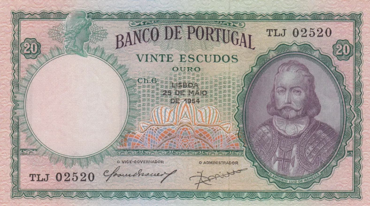 20 escudos 1954 from Portugal, P-153a (1954) — image 1