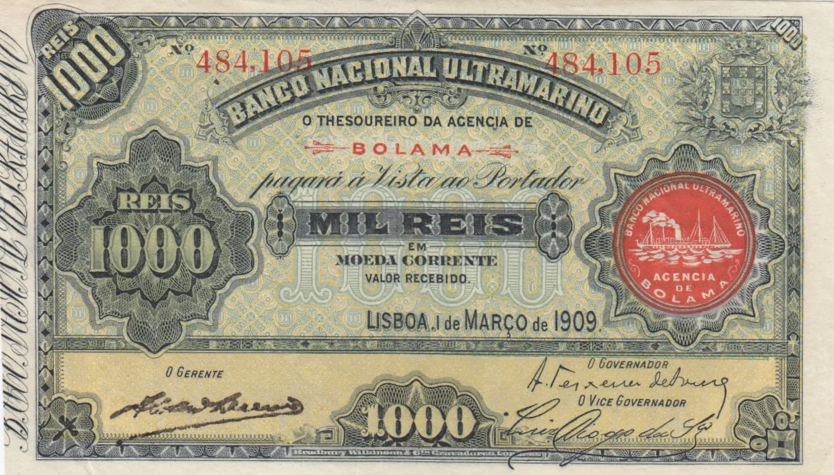 1000 reis 1909 from Portuguese Guinea, P-1