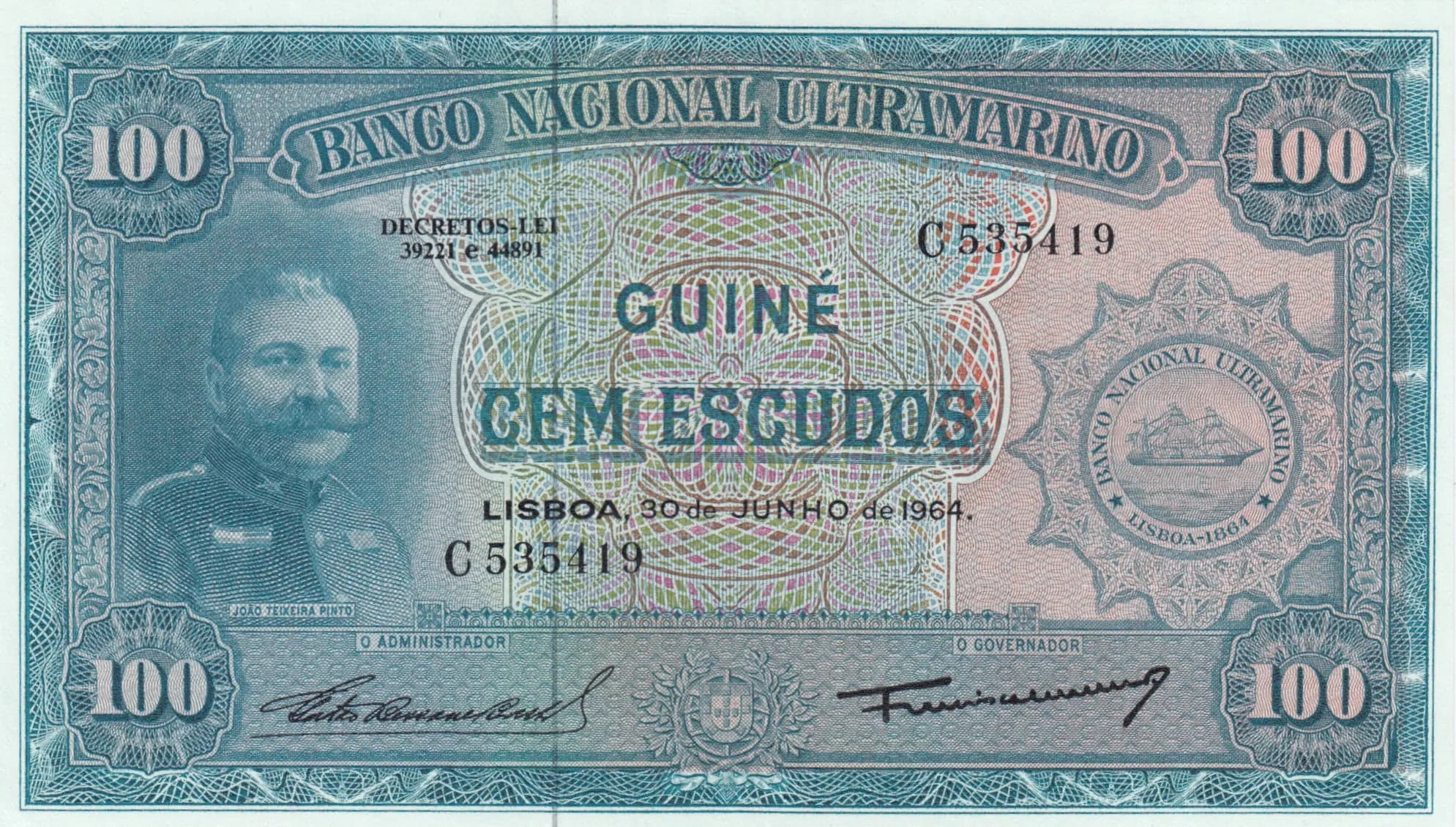 100 escudos 1964 from Portuguese Guinea, P-41 (1964) — image 1