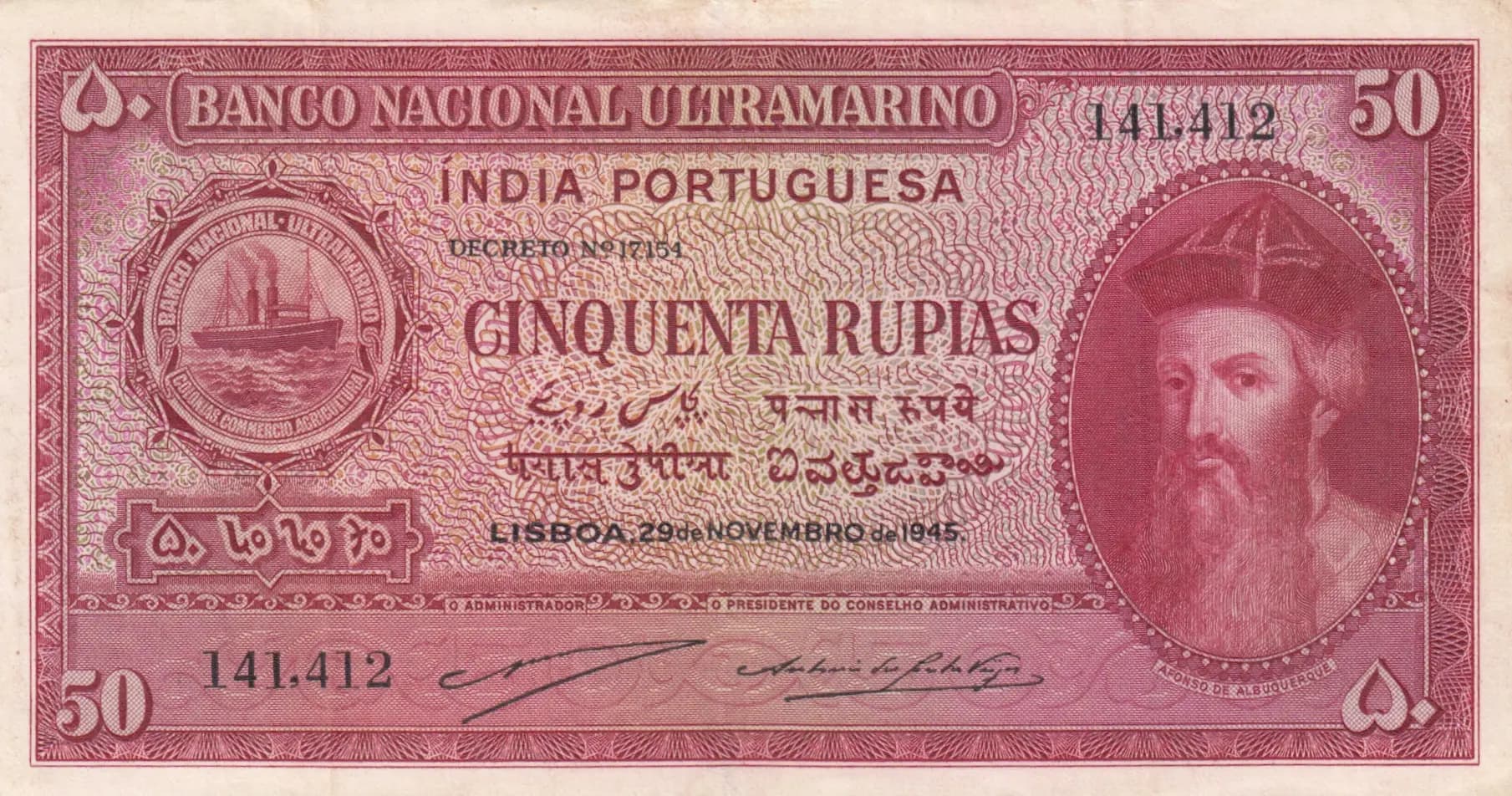50 rupias 1945 from Portuguese India, P-38 (1945) — image 1