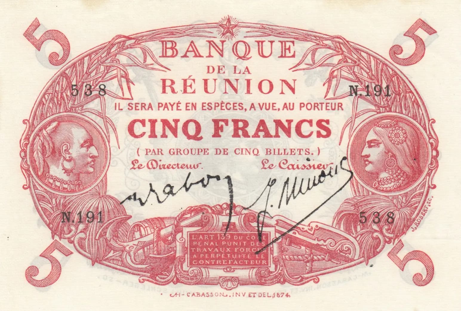 6 francs 1930 from Reunion, P-14