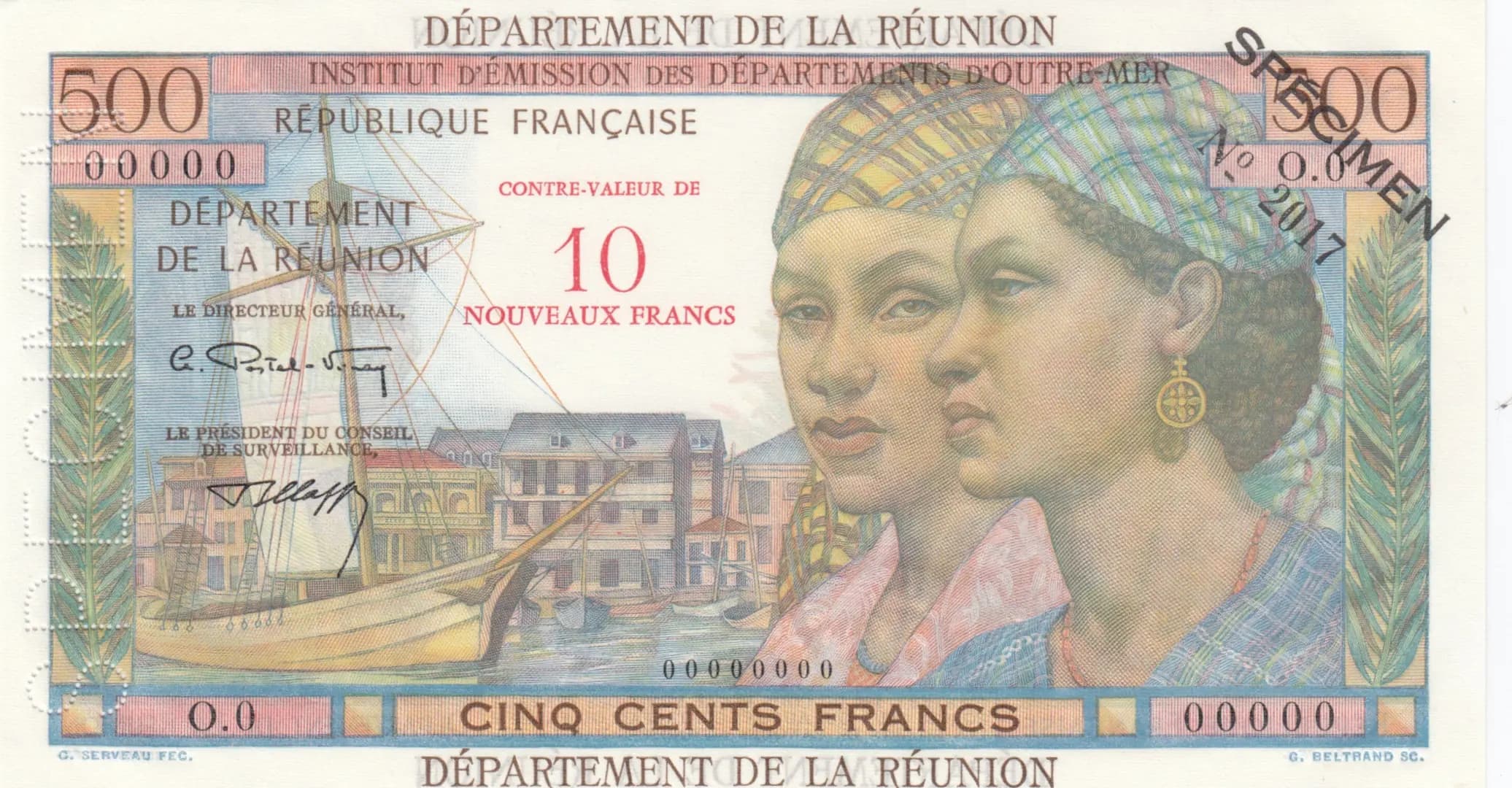 10 nouveaux francs 1971 specimen from Reunion, P-54bs
