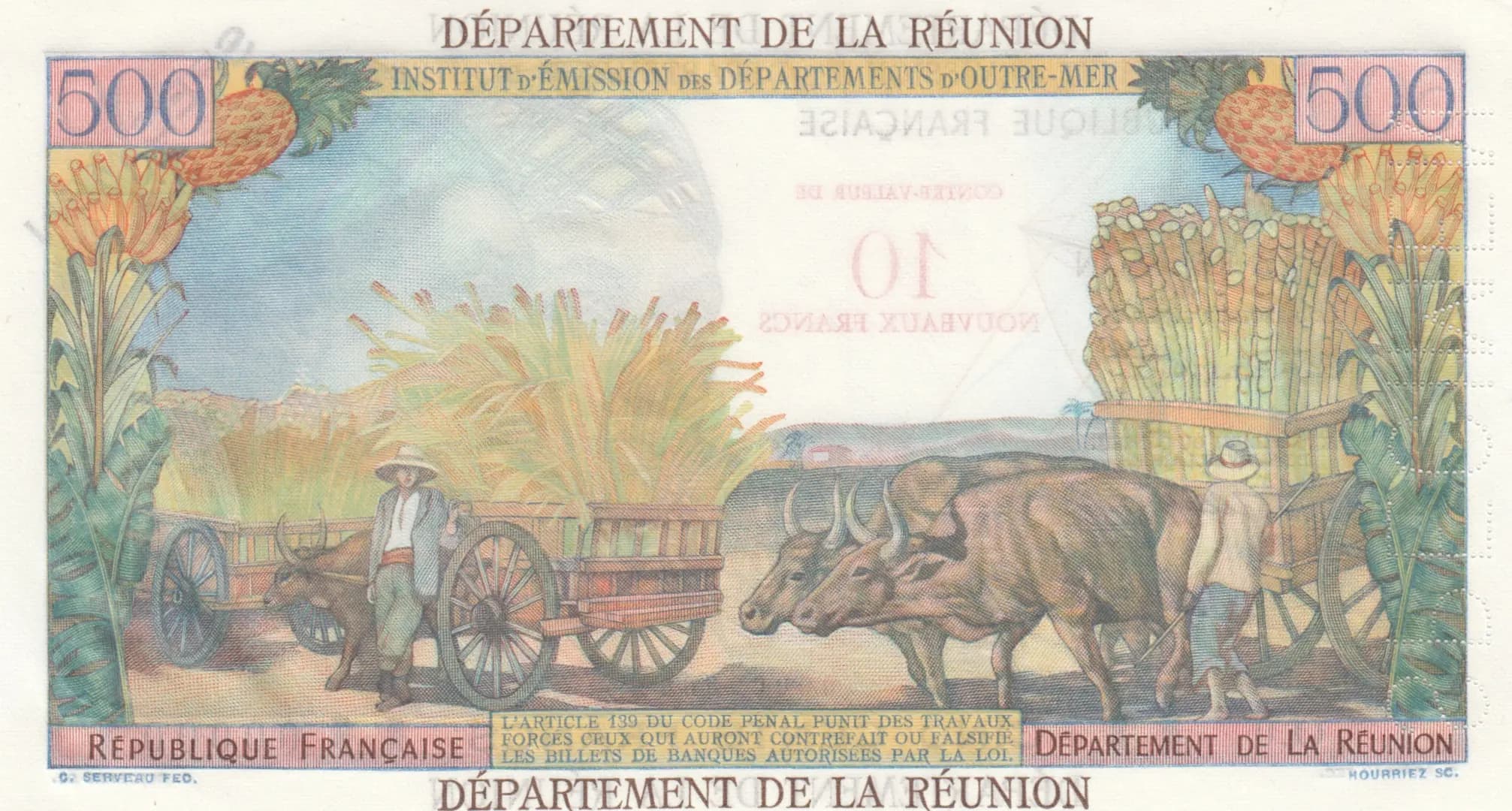 10 nouveaux francs 1971 specimen from Reunion, P-54bs (1971) — image 2