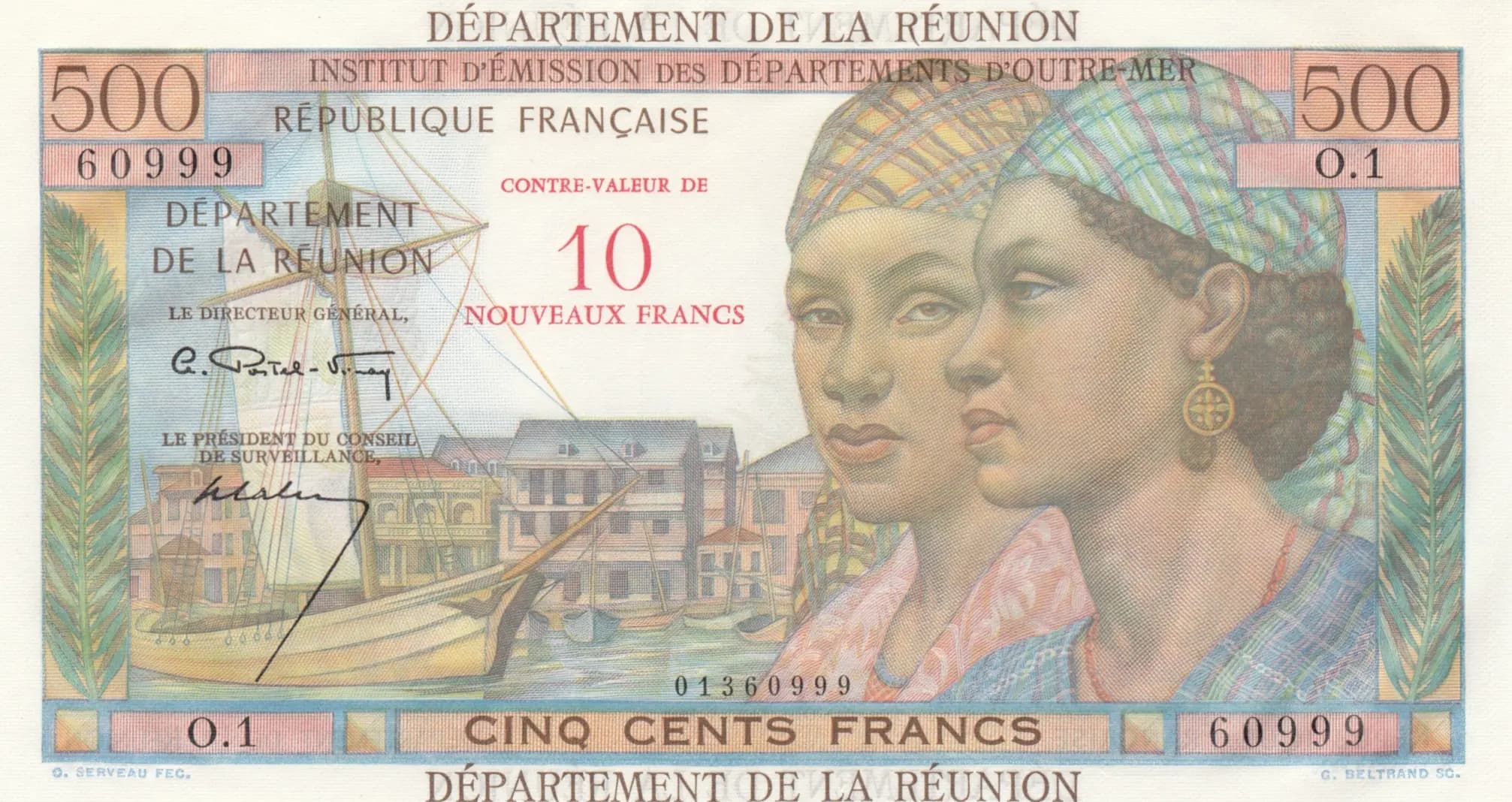 10 nouveaux francs 1967 from Reunion, P-54a