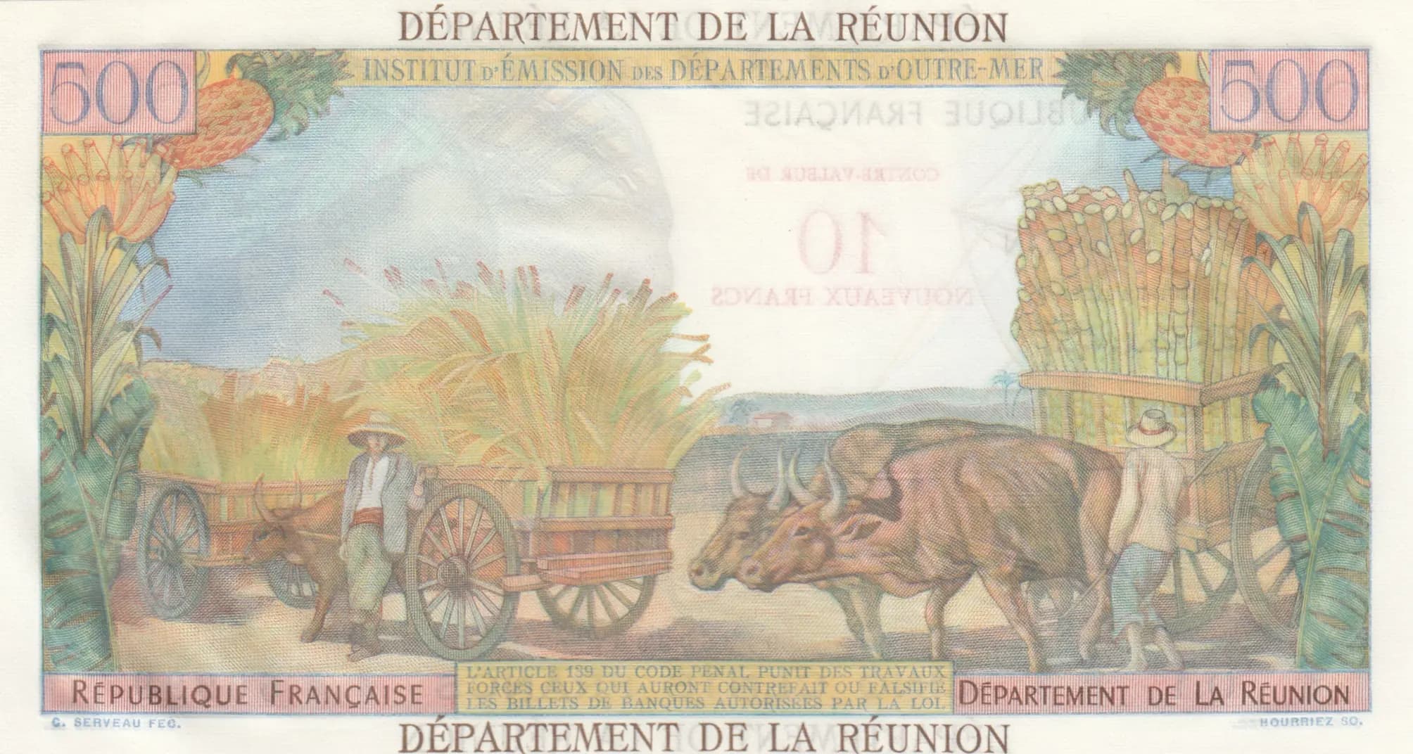 10 nouveaux francs 1967 from Reunion, P-54a (1967) — image 2