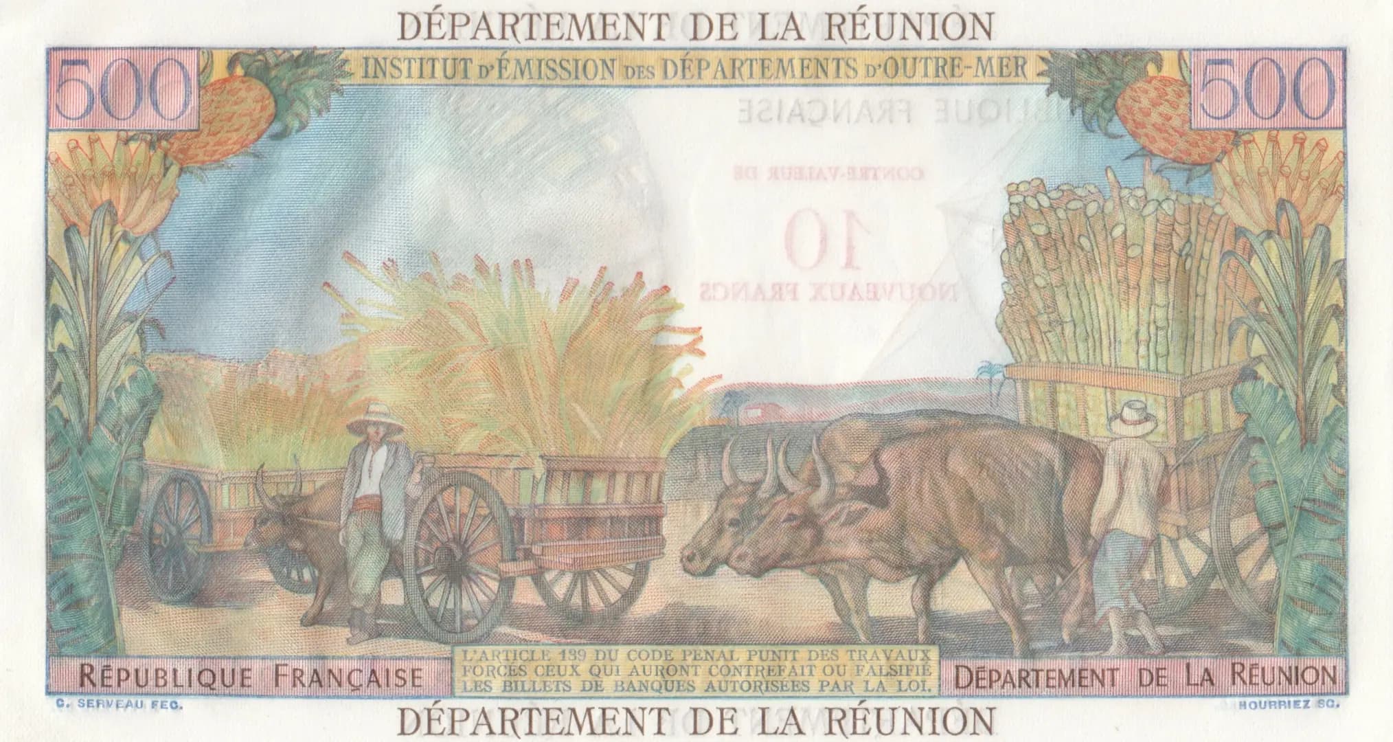 10 nouveaux francs 1971  from Reunion, P-54b (1971) — image 2