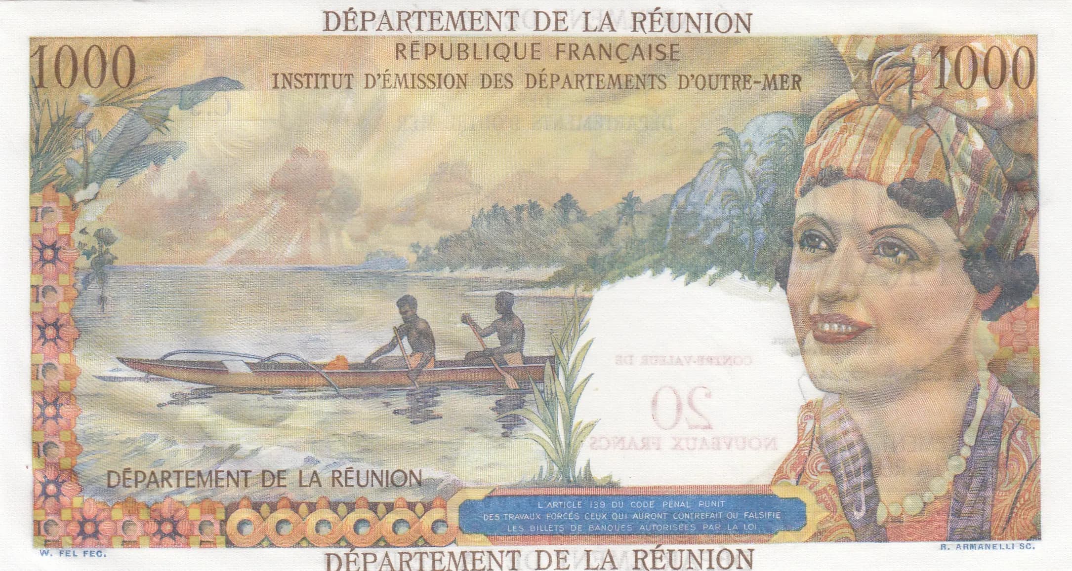 20 nouveaux francs 1971  from Reunion, P-55b (1971) — image 2