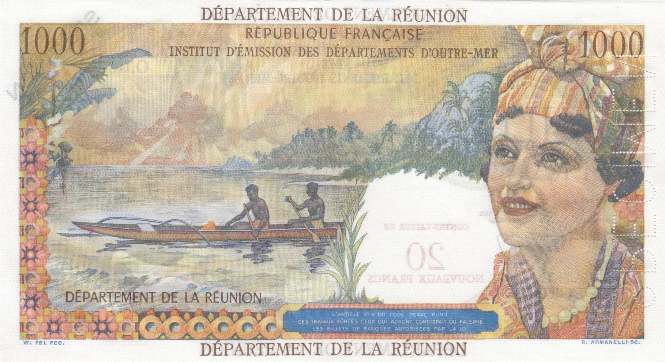20 nouveaux francs 1971 specimen from Reunion, P-55bs (1971) — image 2