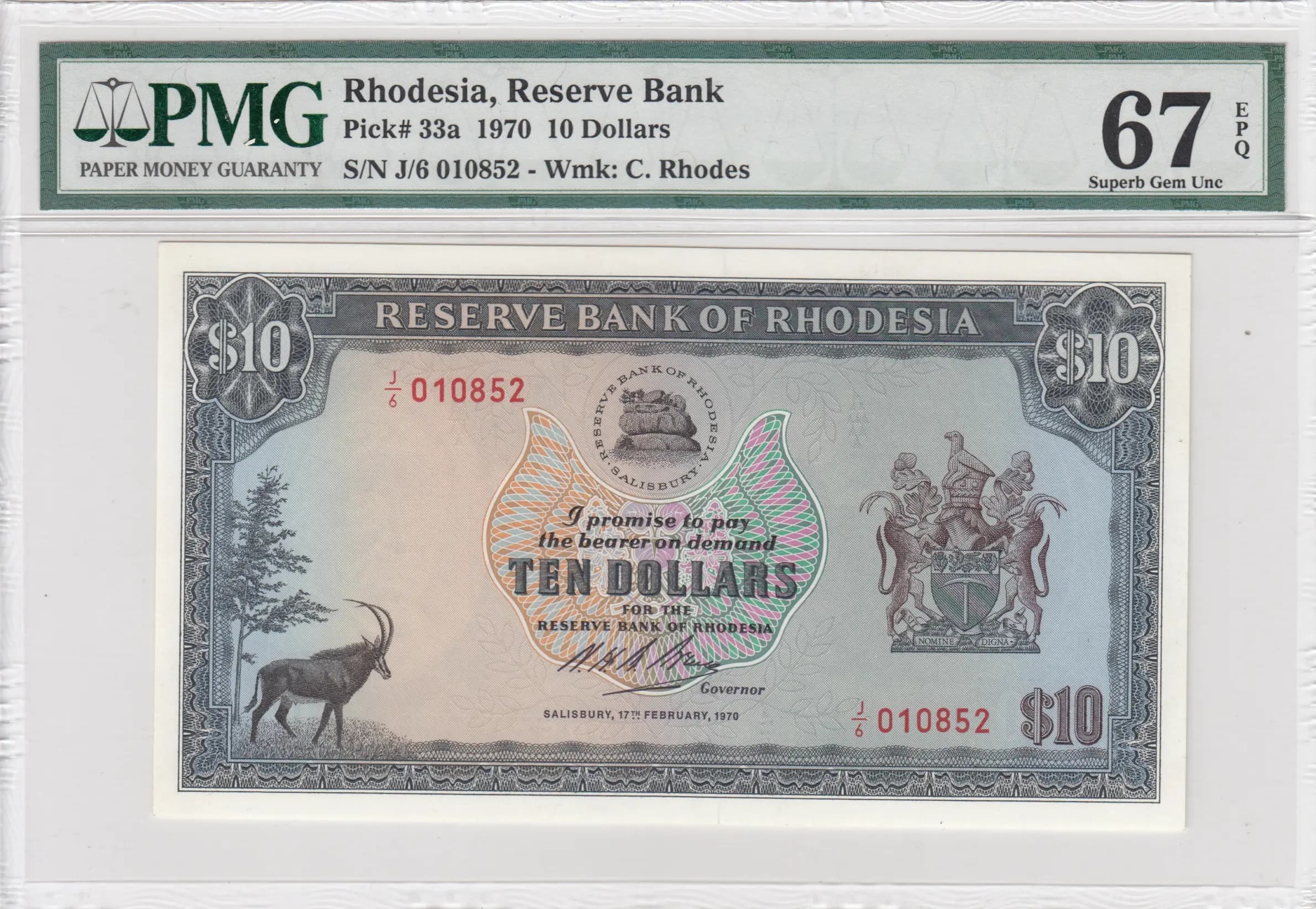 10 dollars 1970 from Rhodesia, P-33a (1970) — image 1