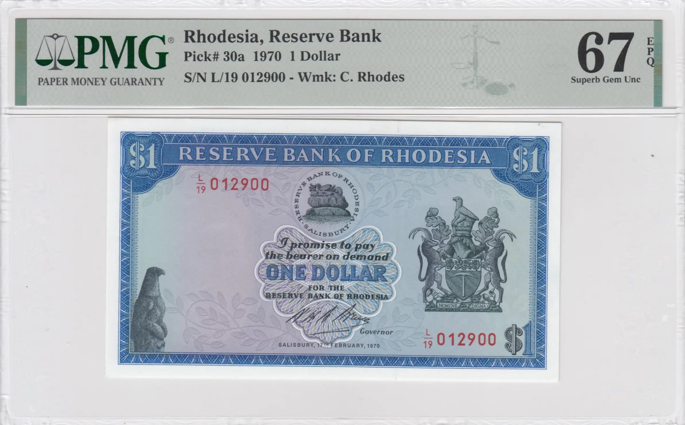 1 dollar 1970 from Rhodesia, P-30a