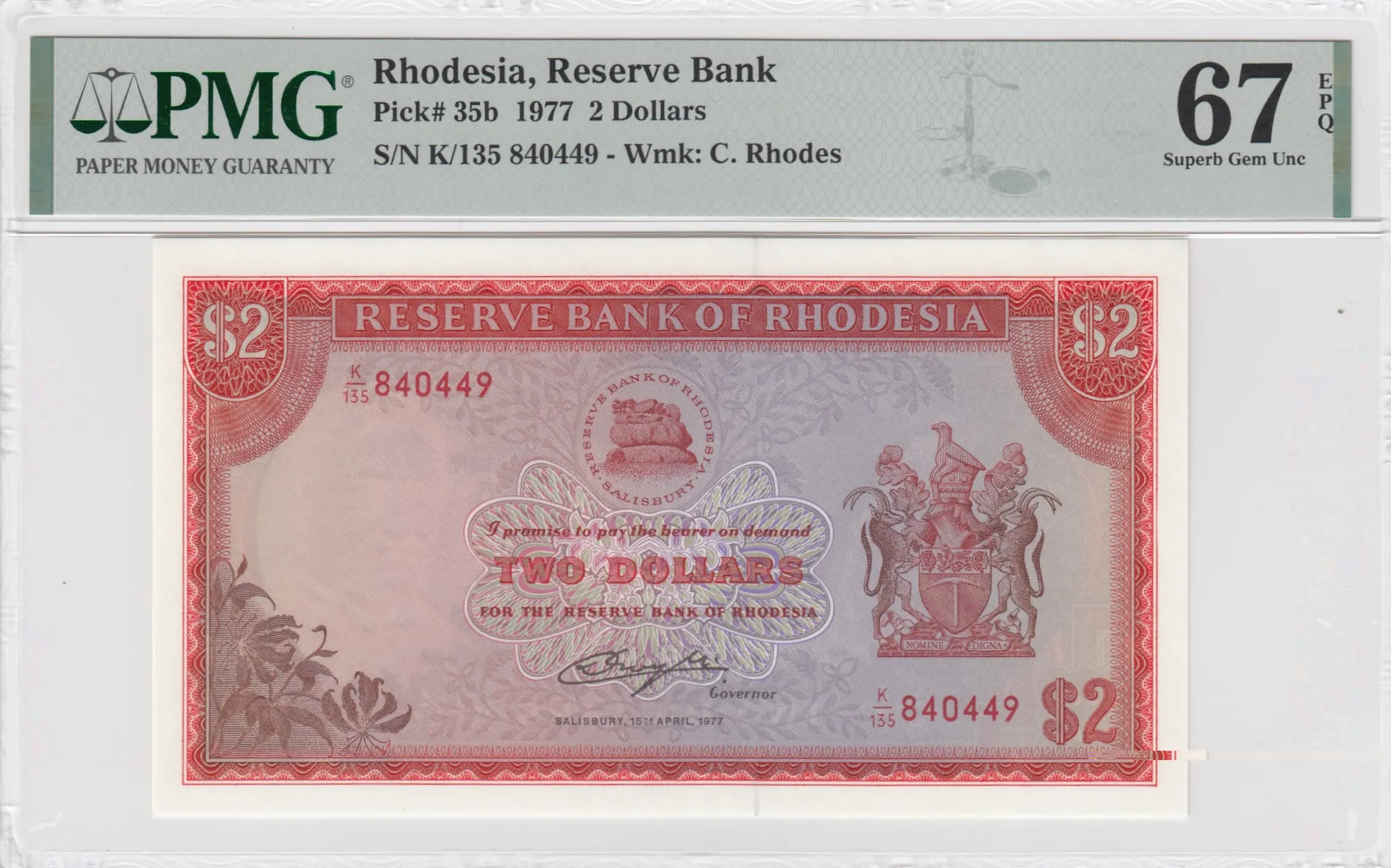 2 dollars 1977 from Rhodesia, P-35b (1977) — image 1