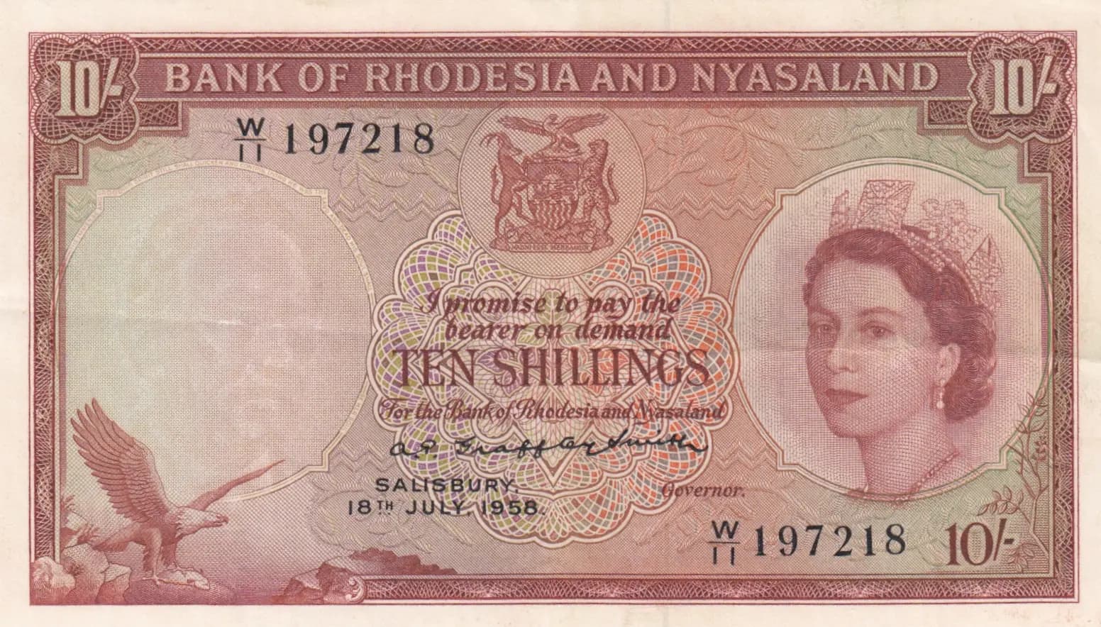 10 shillings 1958 from Rhodesia & Nyasaland, P-20a