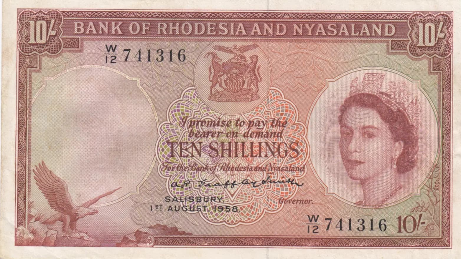 10 shillings 1958 from Rhodesia & Nyasaland, P-20a (1958) — image 1