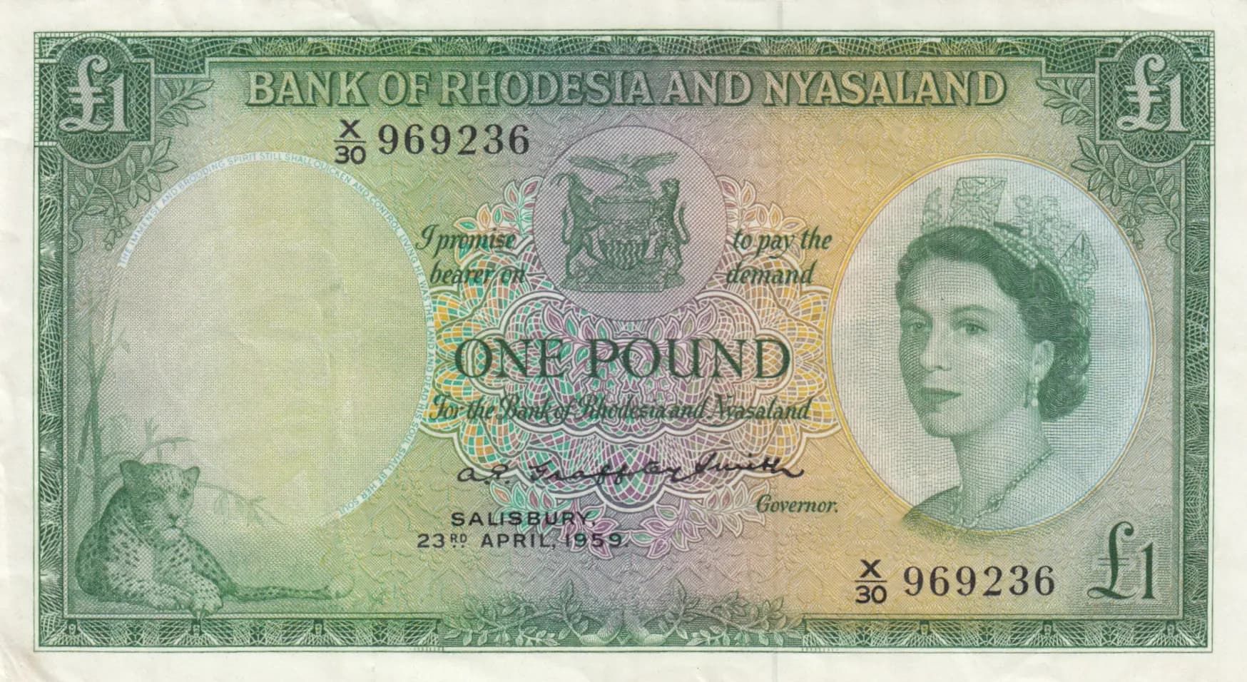 1 pound 1959 from Rhodesia & Nyasaland, P-21a