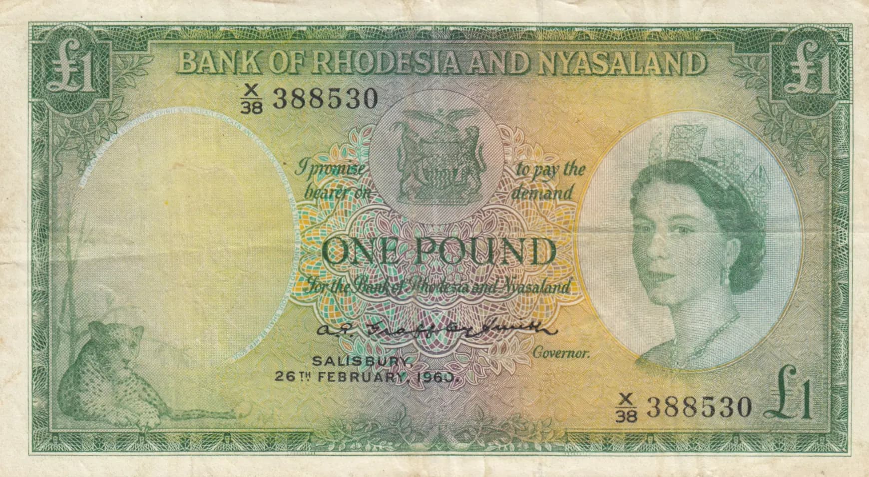 1 pound 1960 from Rhodesia & Nyasaland, P-21a