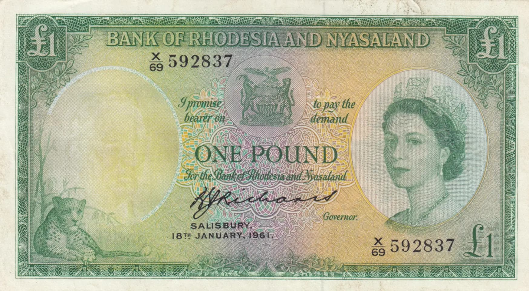 1 pound 1961 from Rhodesia & Nyasaland, P-21b