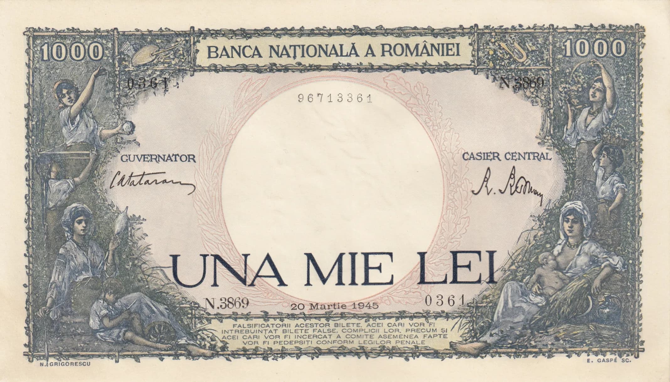 1000 lei 1945 from Romania, P-52 (1945) — image 1