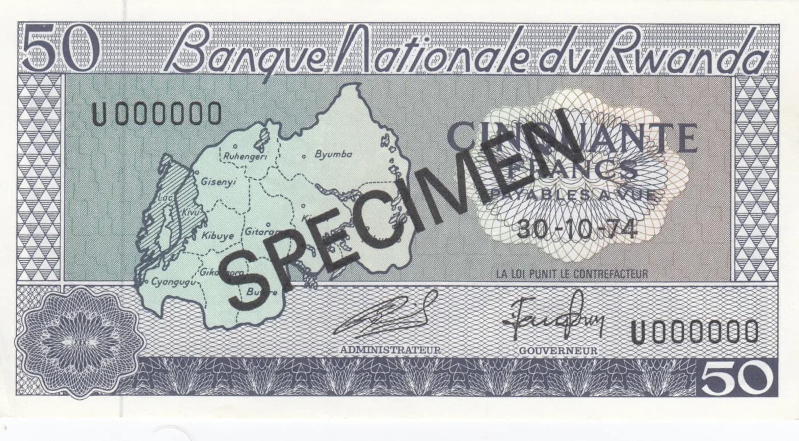 50 francs 1974 specimen from Rwanda, P-7bs