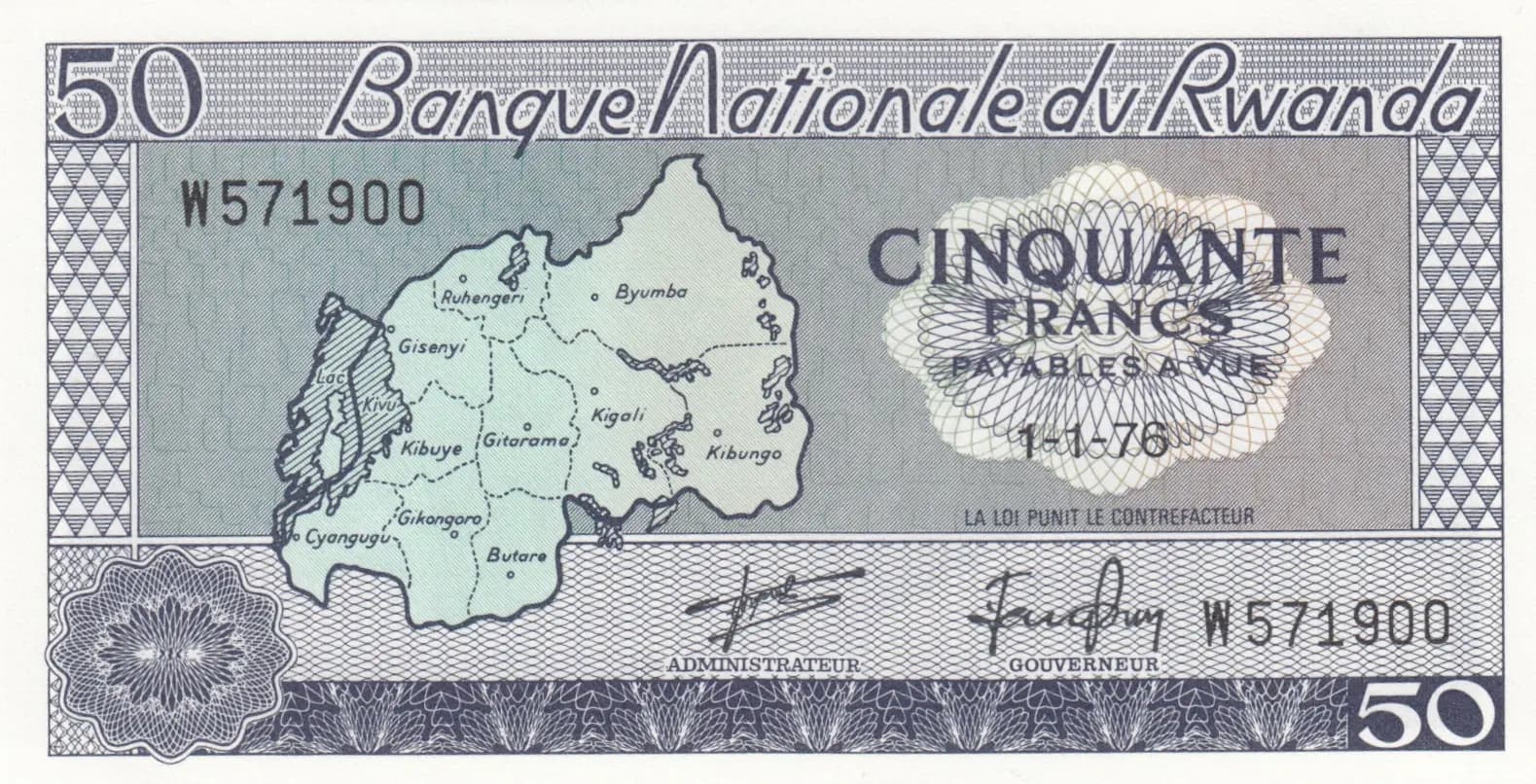 50 francs 1976 from Rwanda, P-7c