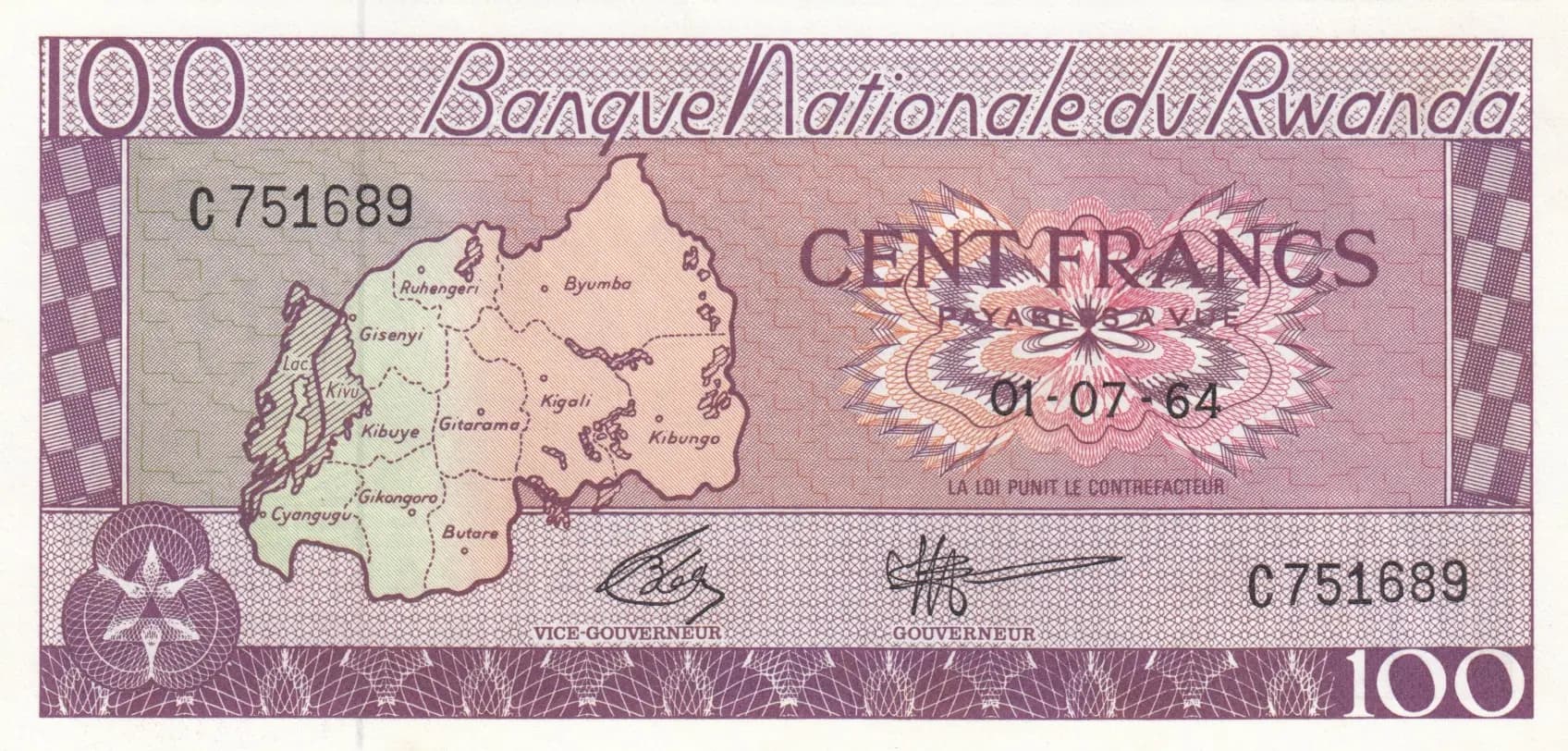 100 francs 1964 from Rwanda, P-8a